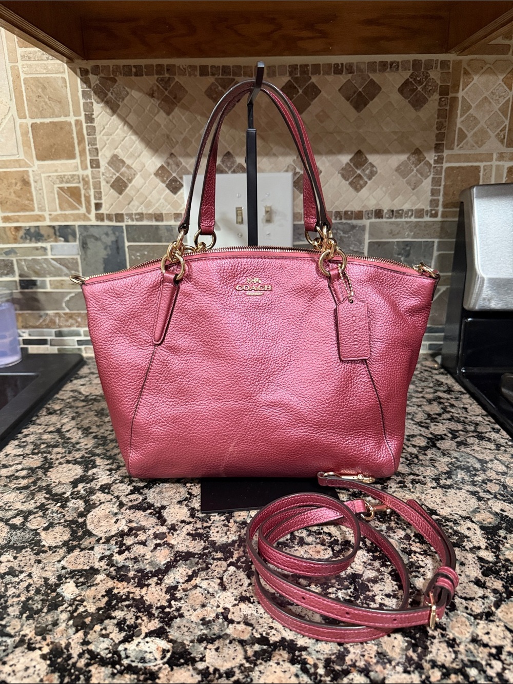 Coach Small Kelsey Satchel in pebble leather- metallic- silver hardware